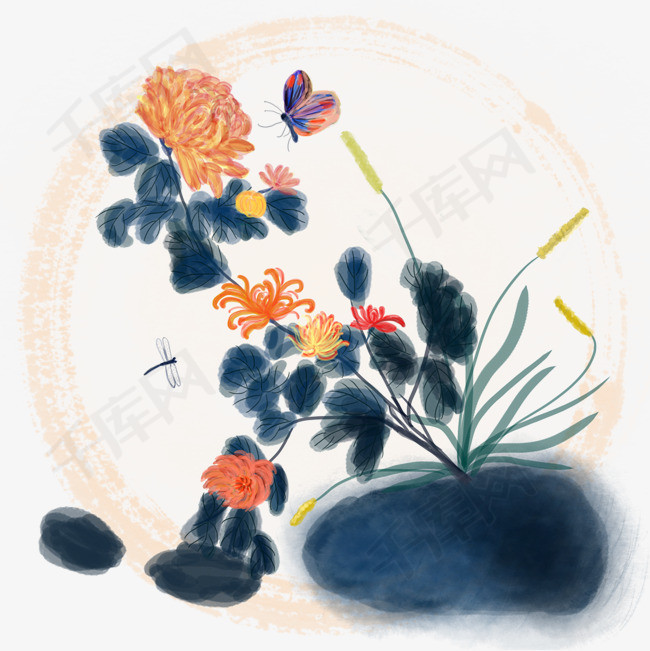 中国风水墨水彩蝶戏菊花原创手绘免抠高清图