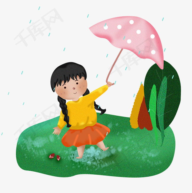 下雨天玩水小女孩撑伞淋雨