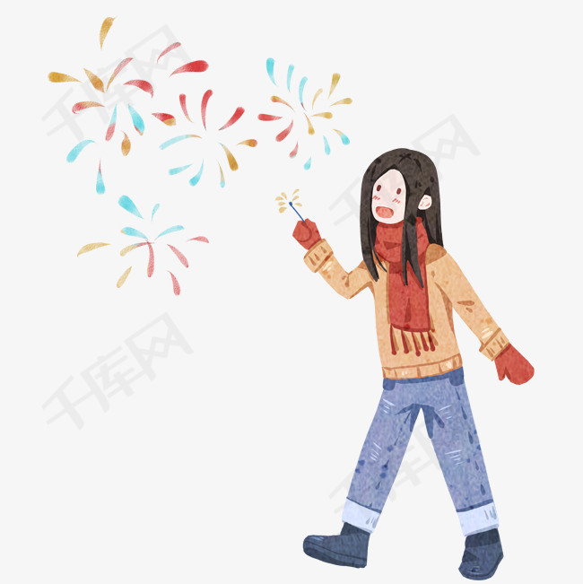 元宵节女孩放烟花插画