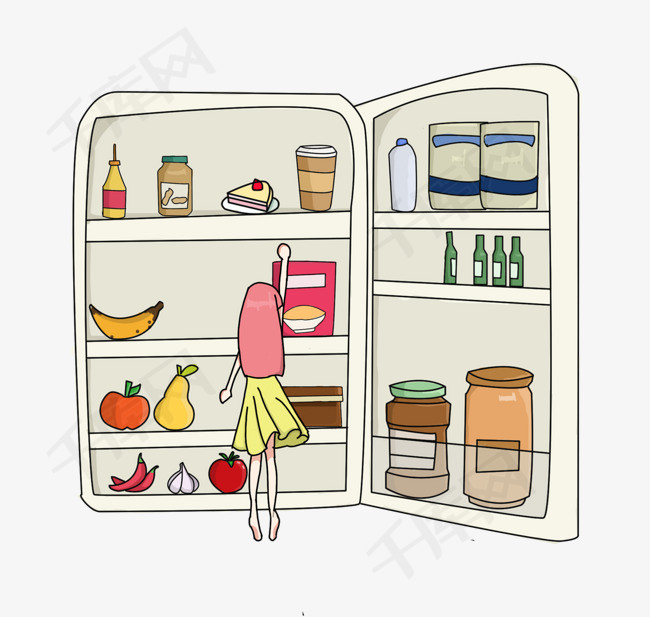 女孩冰箱取东西插画