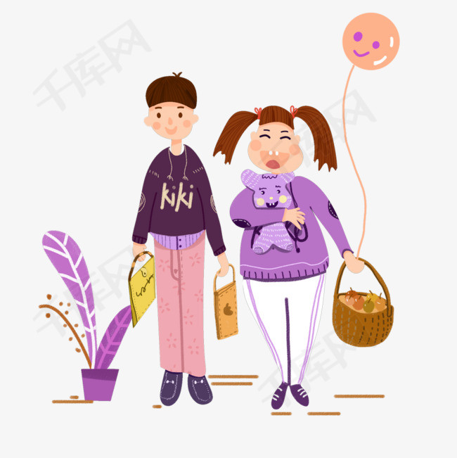 双十一电商购物插画村姑逛超市