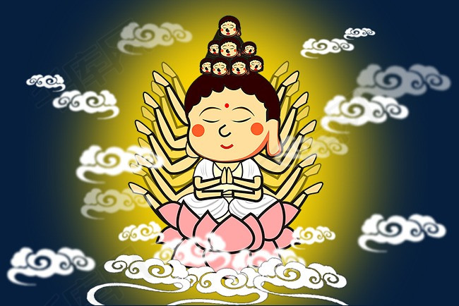 白色 卡通手绘 插画 观音菩萨 千手观音 免抠