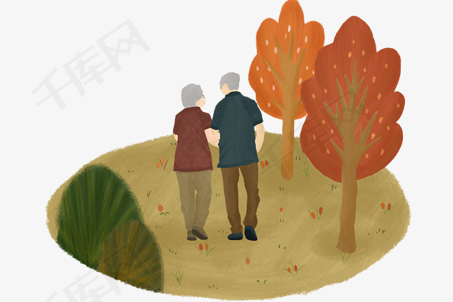 重阳节暮年人物夫妻插画重阳老人卡通插画重阳节暮年人物夫妻搀扶重阳