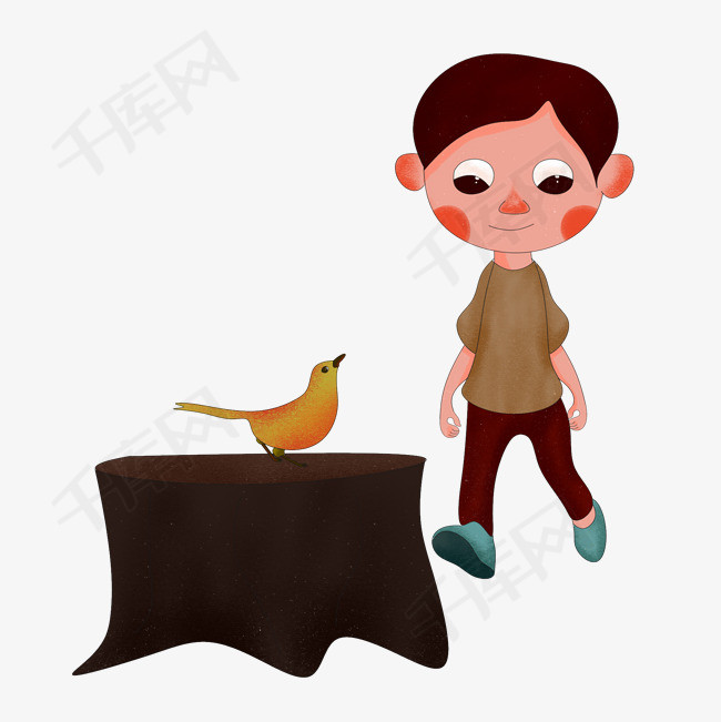小孩和木桩上的小鸟