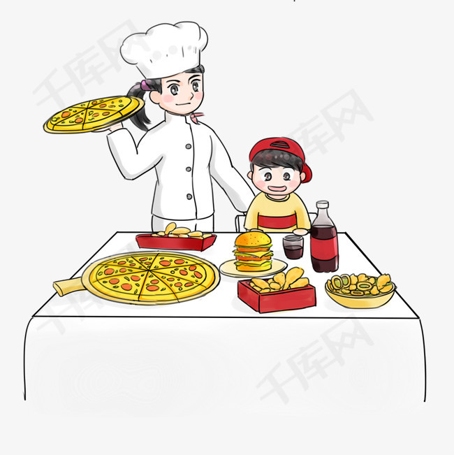 餐饮全家吃美食卡通手绘q版人物