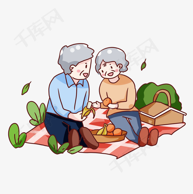 手绘卡通重阳节秋游的老人