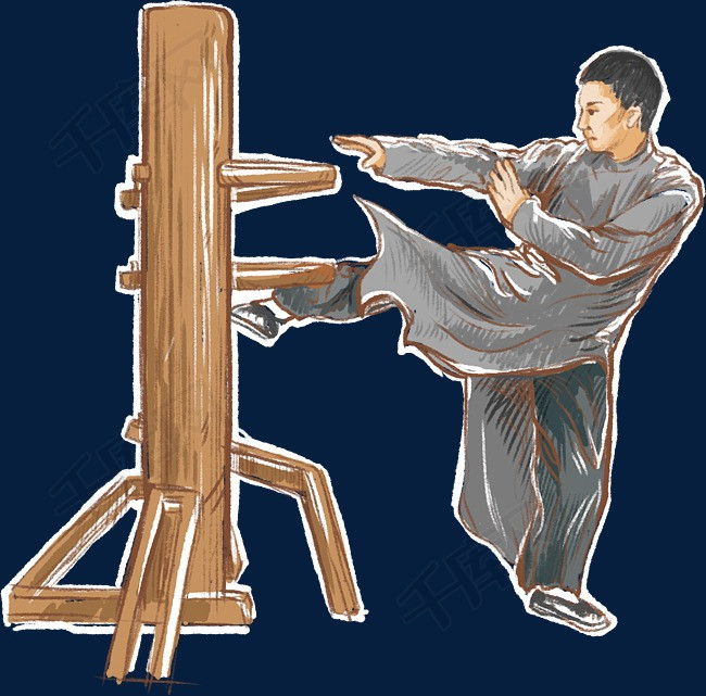 手绘功夫插画叶问打木人桩
