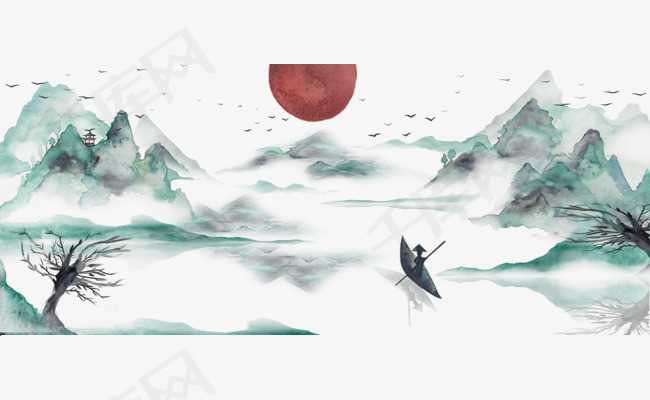 卡通手绘古风水彩山水风景画