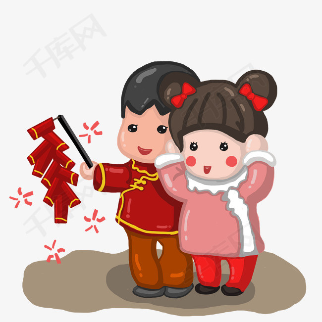 2019新年新春春节卡通娃娃男孩女孩放爆竹素材图片