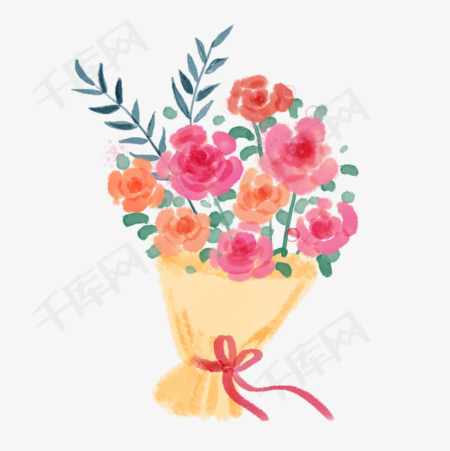 水彩手绘玫瑰花捧花花束png免