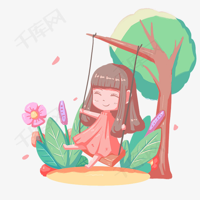 立春卡通手绘荡秋千女孩人物免扣png