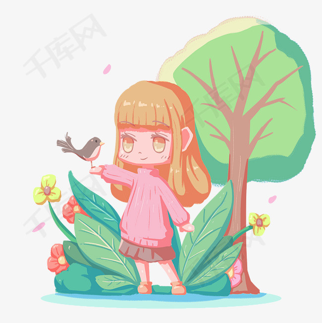 立春卡通手绘女孩春天人物免扣png