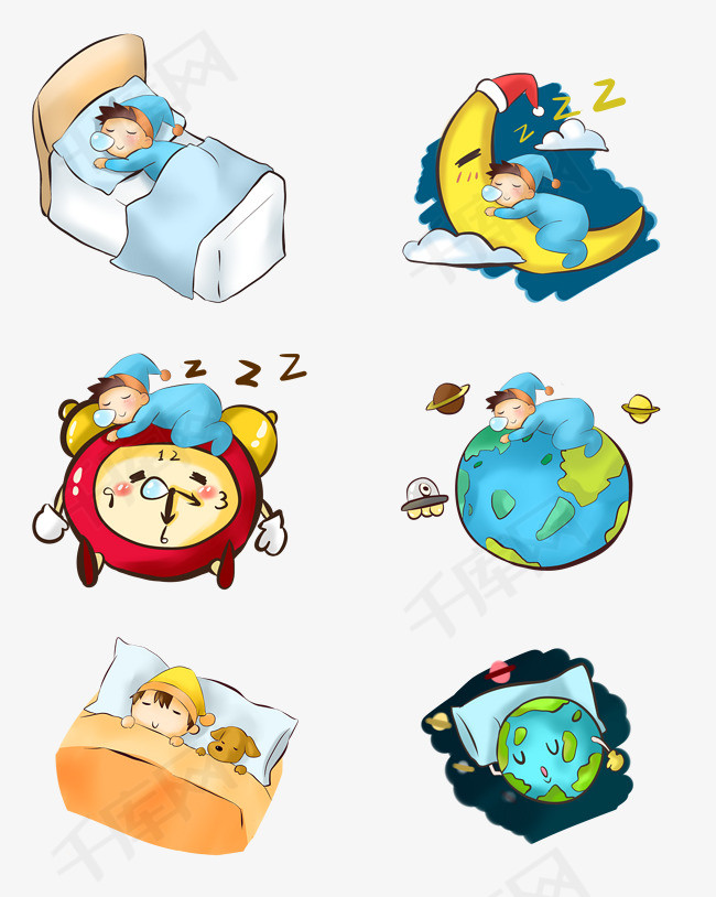 世界睡眠日卡通娃娃卡通男孩睡觉人物素材矢量套图