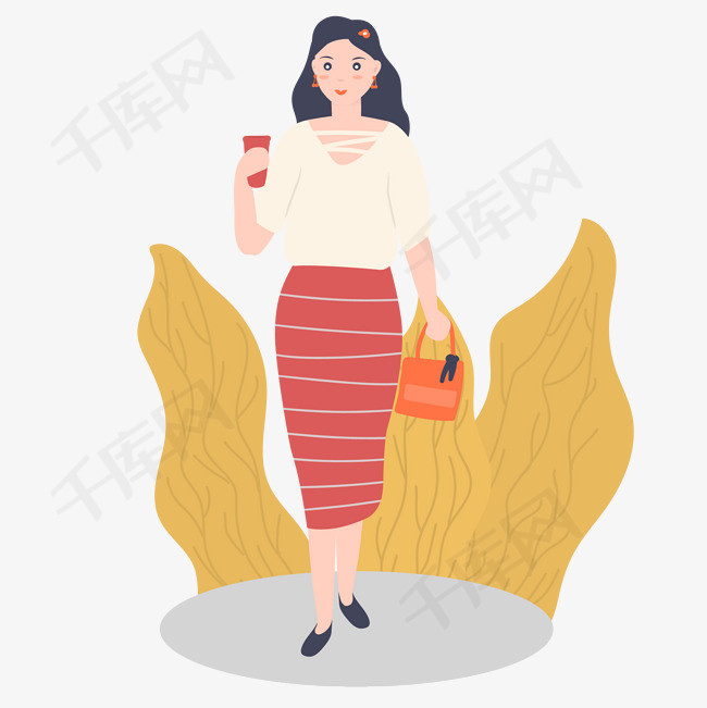 卡通插画风迎面走来的女人