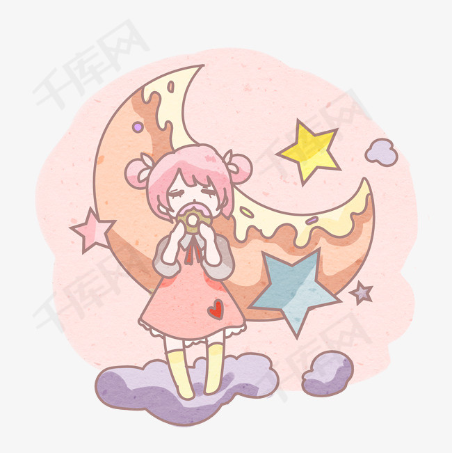 甜甜圈少女甜食月亮卡通手绘png