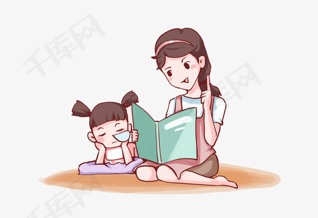 手绘女神节睡前给女儿讲故事的妈妈