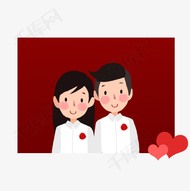 卡通手绘情人节红色结婚照