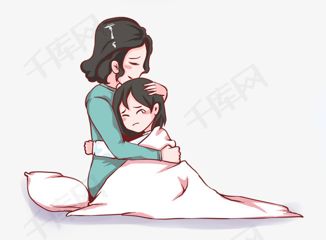 手绘委屈的女孩和妈妈拥抱