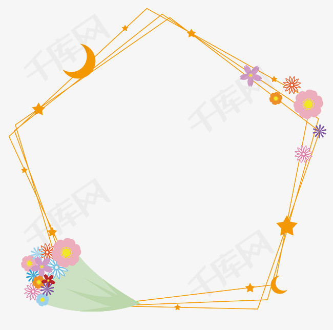 情人节灿金色五边形细框捧花边框免抠素材
