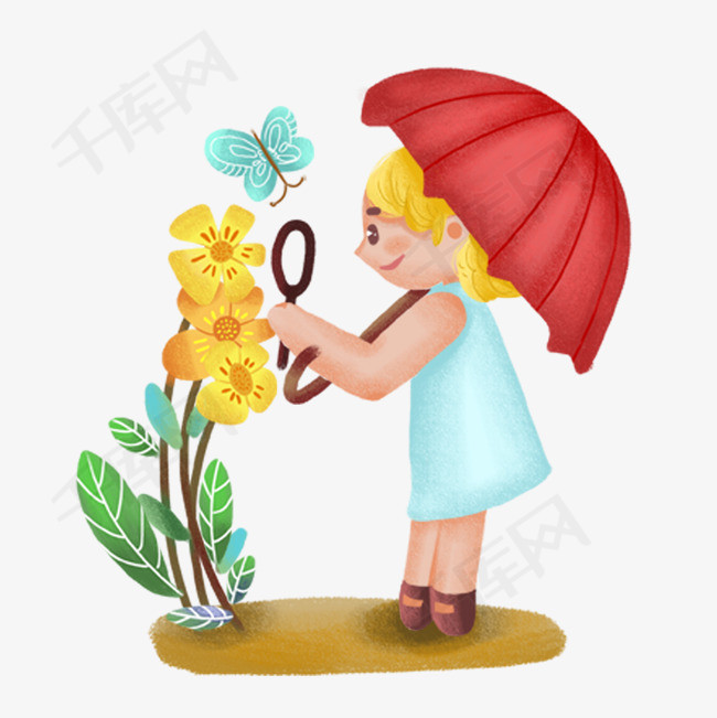 用放大镜看花的卡通小女孩