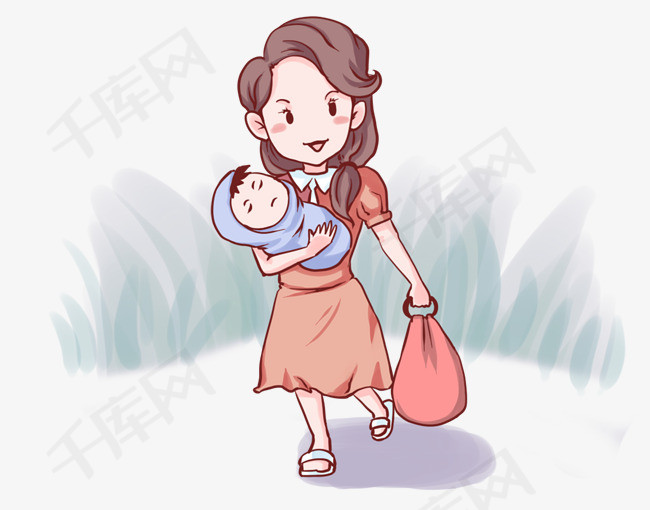 手绘女神节抱着宝宝开心出门的妈妈