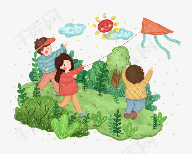 春天郊游放风筝场景png免抠图
