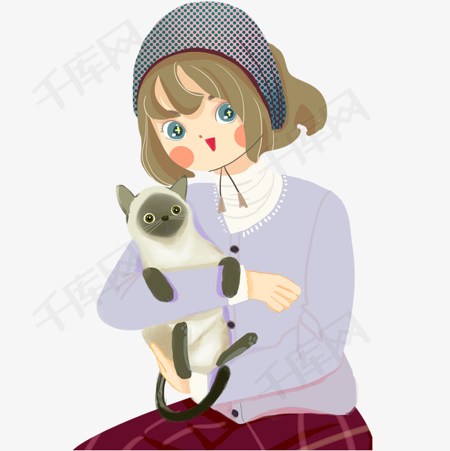 抱着猫咪的小女孩卡通手绘png素材