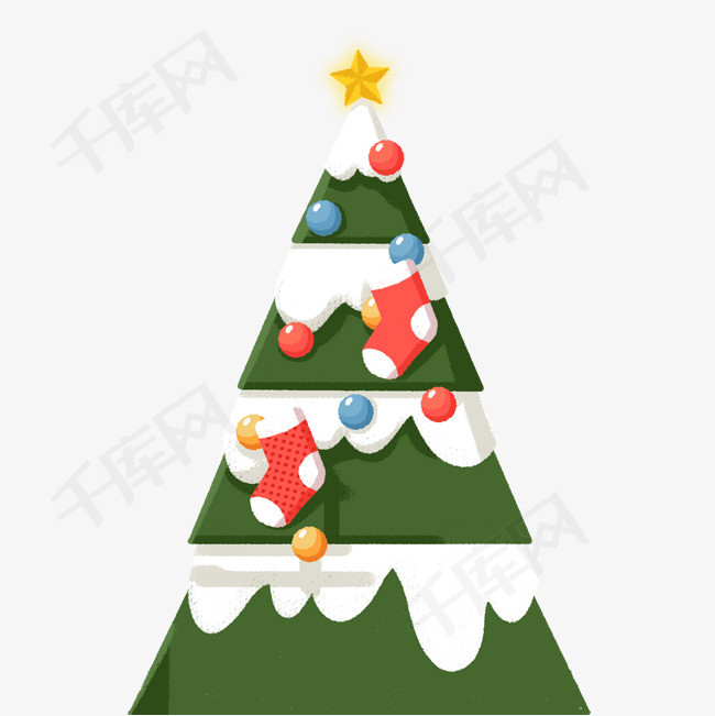 可爱挂满彩球袜子的圣诞树卡通手绘png素材
