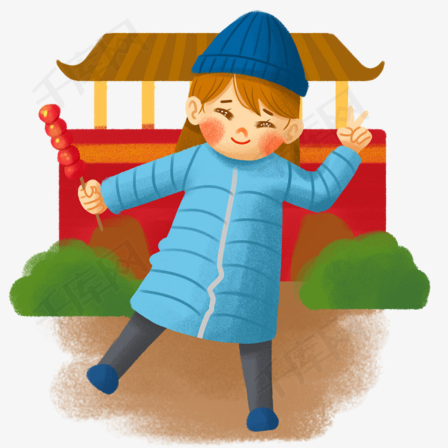 冬季旅行拿冰糖葫芦的小女孩