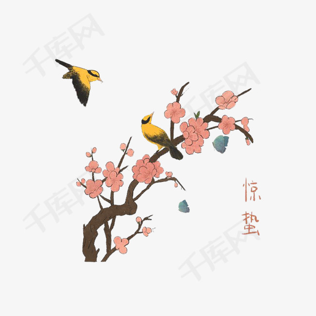 惊蛰桃花黄雀鸟png农历二十四节气png