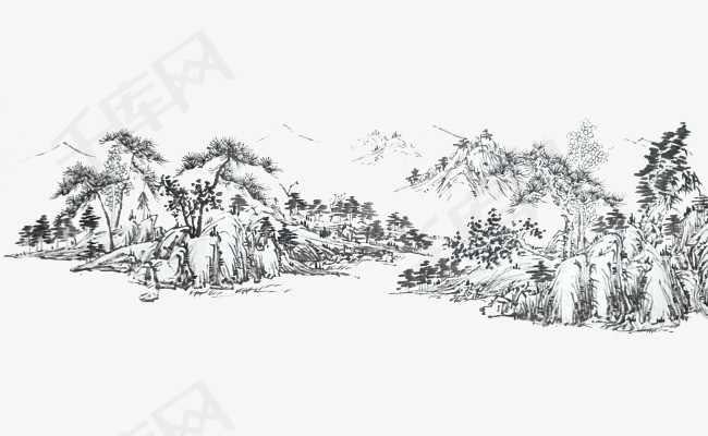 国画水墨山水线描白描png