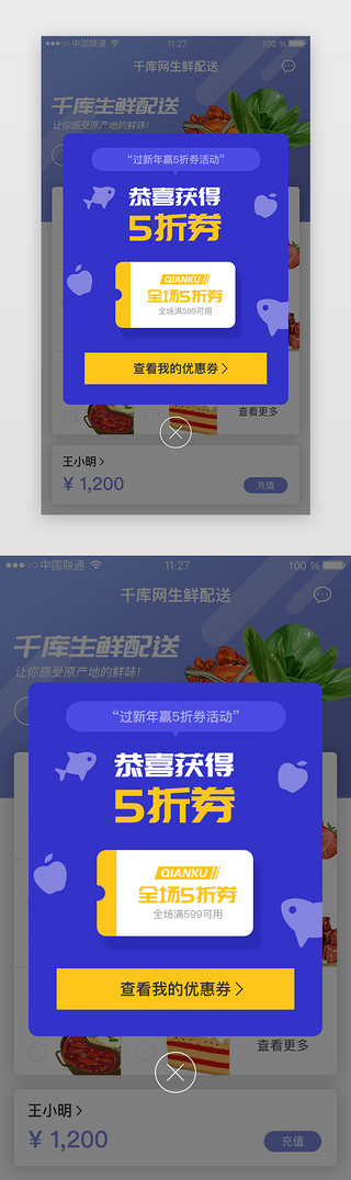 优惠券UI设计素材_蓝色系生鲜电商购物券弹窗页面