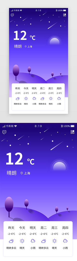 夜晚皇宫UI设计素材_蓝紫色夜晚天气app数据可视化