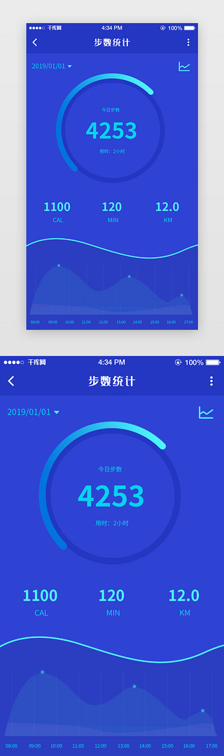 蓝色运动活力健身步数统计APP页面