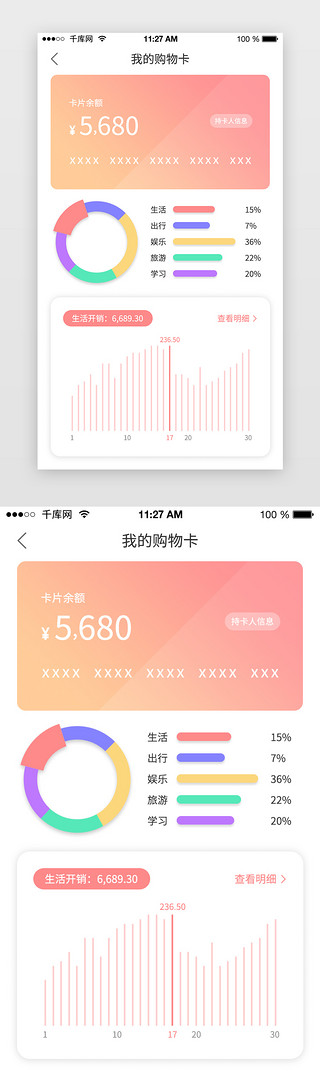 移动理财UI设计素材_彩色渐变通用理财APP数据可视化界面