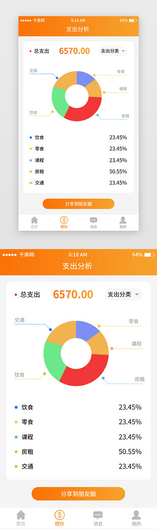 分析分析UI设计素材_橘色渐变记账app支出分析移动端界面