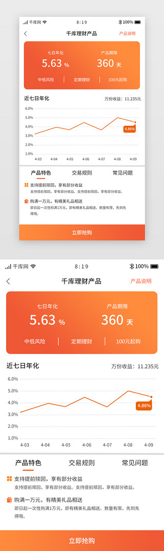 橙色渐变暖色银行理财APP详情