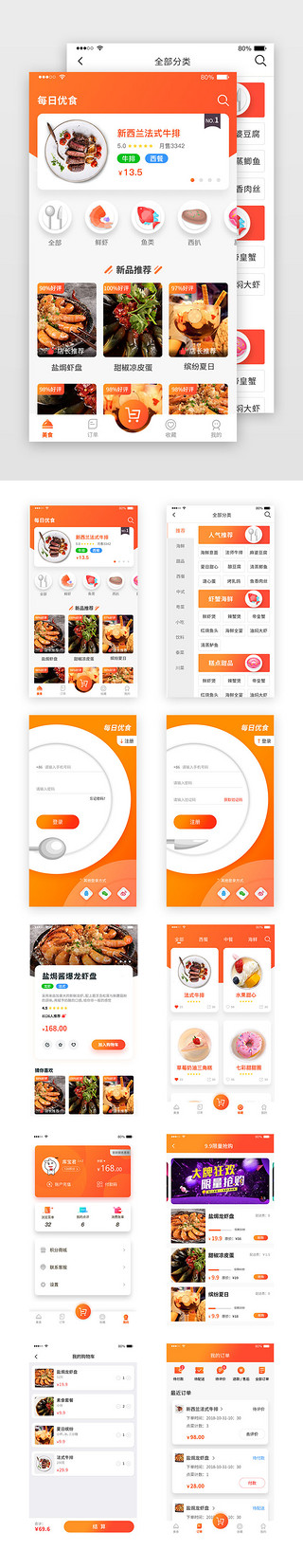 暖色UI设计素材_暖色橙色美食外卖订餐点餐卡片式app套图