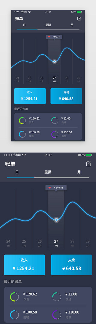 蓝色科技风卡片式账单化折线展示界面