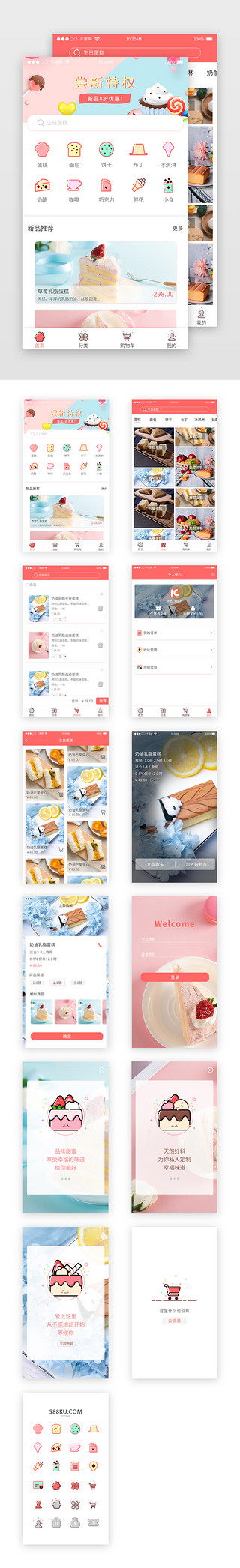 蛋糕定制UI设计素材_粉红色蛋糕鲜花APP移动端模板套图