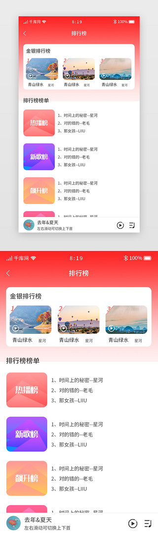 草坪音乐会UI设计素材_红色渐变卡片音乐类app排行榜详情页