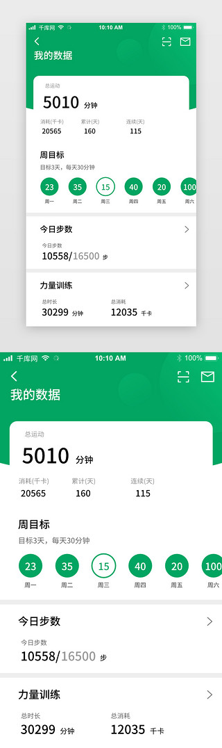 运动app数据UI设计素材_绿色健身运动个人数据app界面