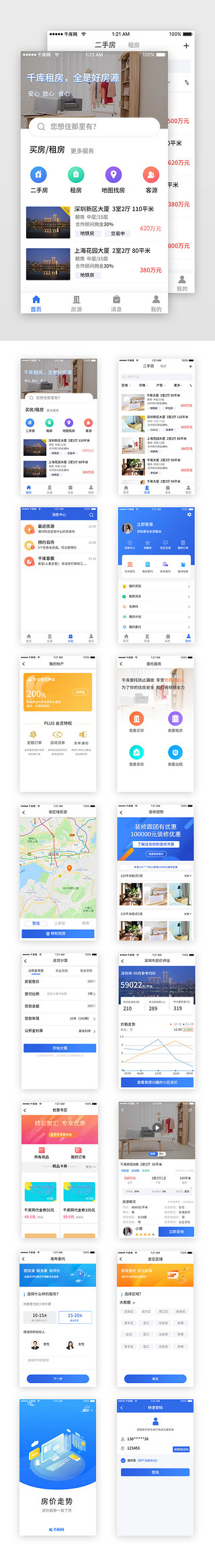 商业价格UI设计素材_蓝色简约二手房房屋租赁app套图