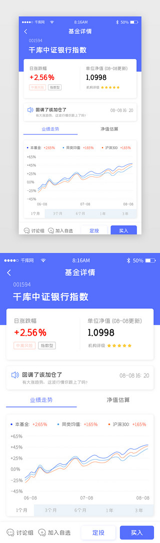 走势图UI设计素材_蓝色简约金融理财app详情页