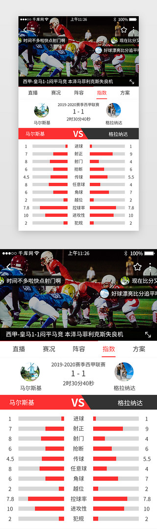 数据对比UI设计素材_红色系体育新闻app详情页