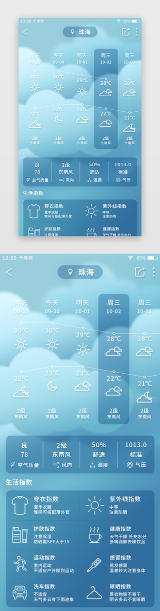 天气appUI设计素材_蓝色简约天气app近期天气