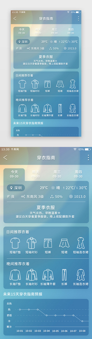 蓝色简约天气app穿衣指南页