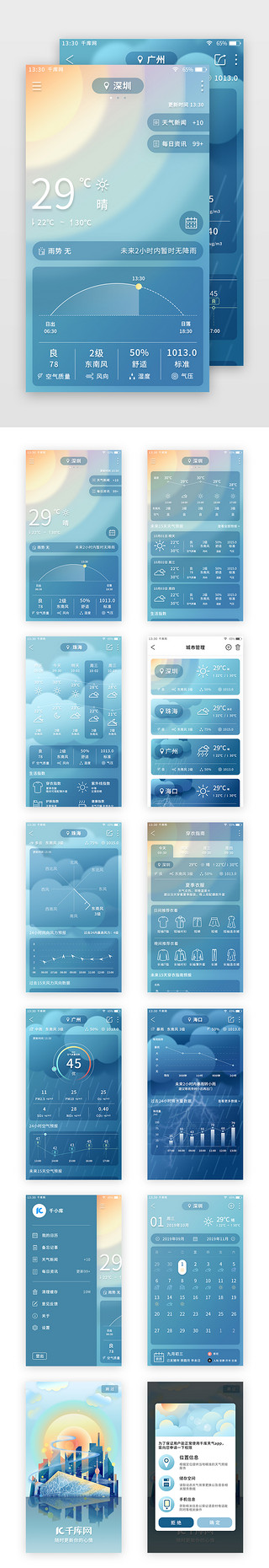 app天气UI设计素材_蓝色简约天气app套图