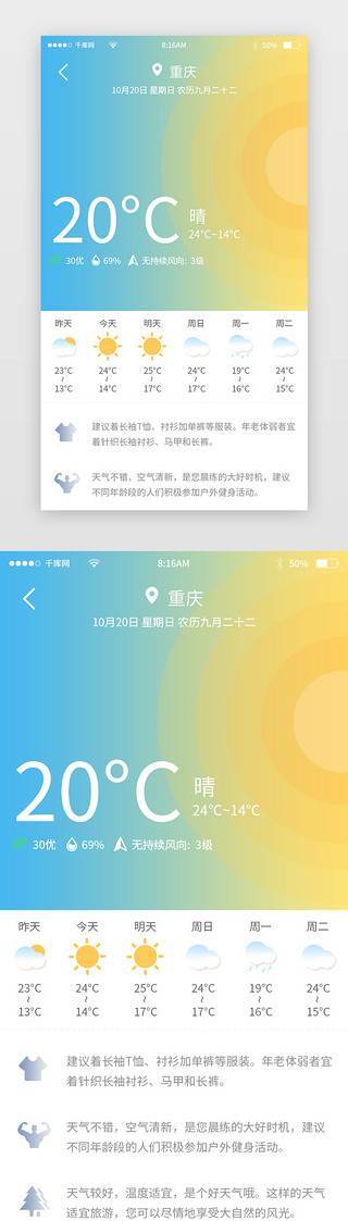 app天气UI设计素材_蓝色简约天气预报app详情页