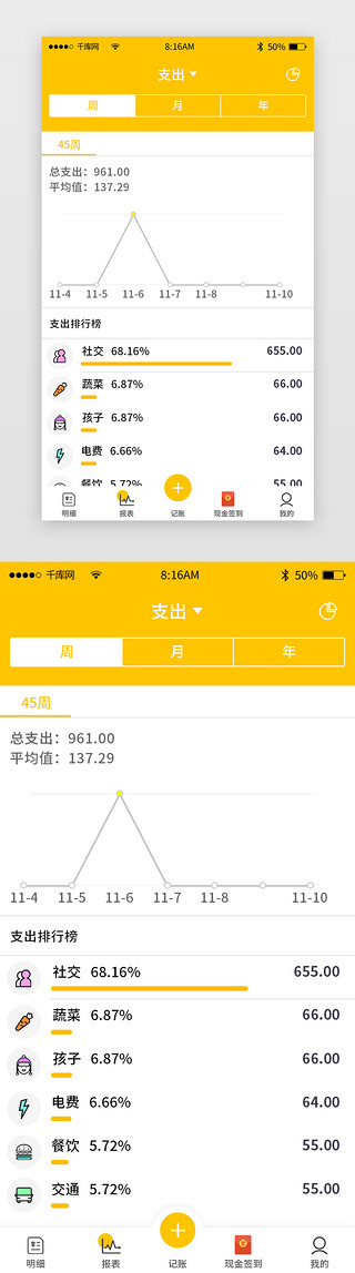 简约主图简约UI设计素材_黄色简约记账类app主界面